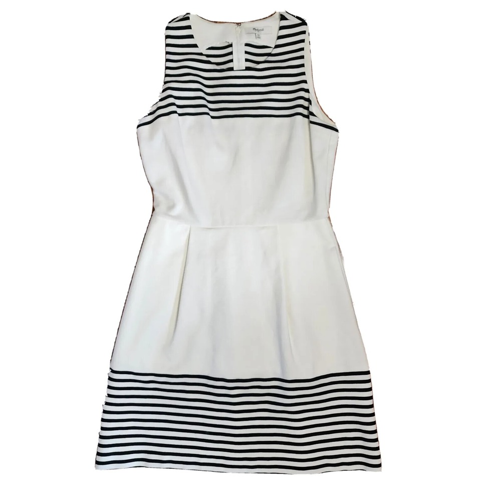 Madewell Verse Dress Womens XS White Black Striped Nautical Pleated Zip Back